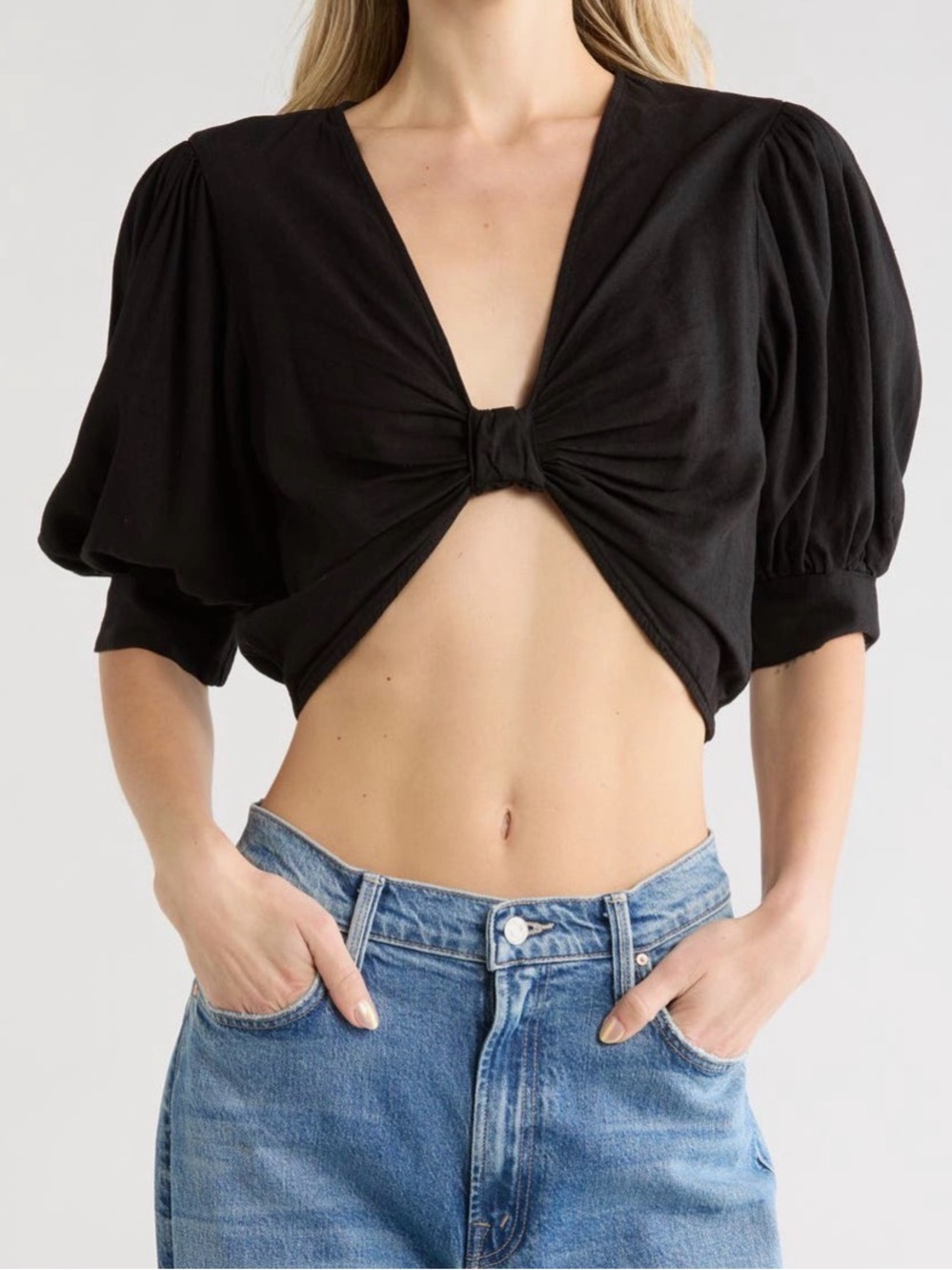 Young, Fabulous & Broke Miranda Linen Blend Crop Top in black